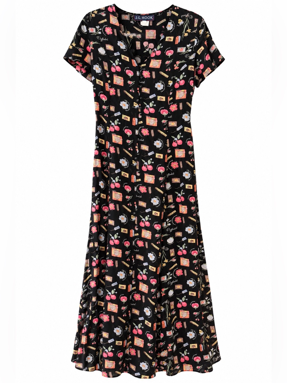 Vintage 90s J.G. Hook Garden Novelty Print Maxi Dress Cottagecore Small